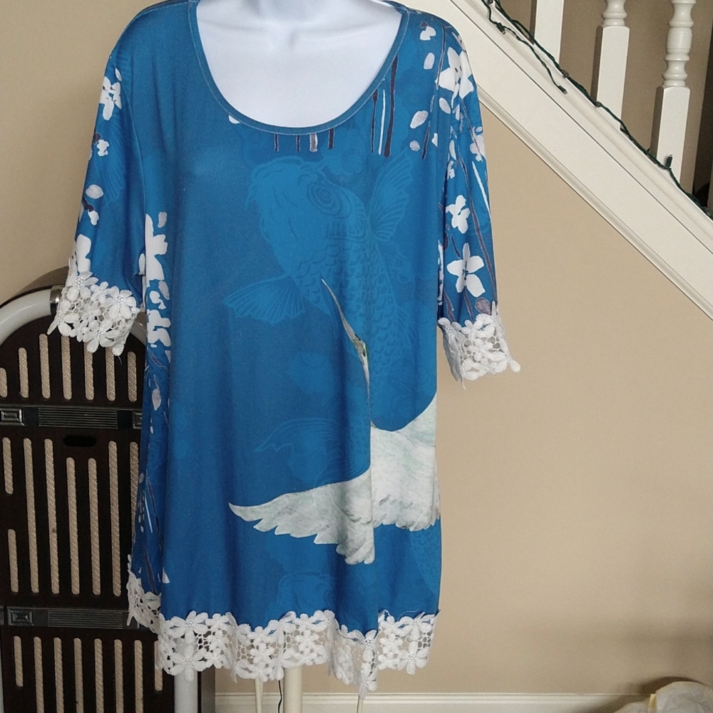 Simply Aster by Firmiana Aqua, Crane/Coi/flower pattern, never worn Tunic Sz 2X